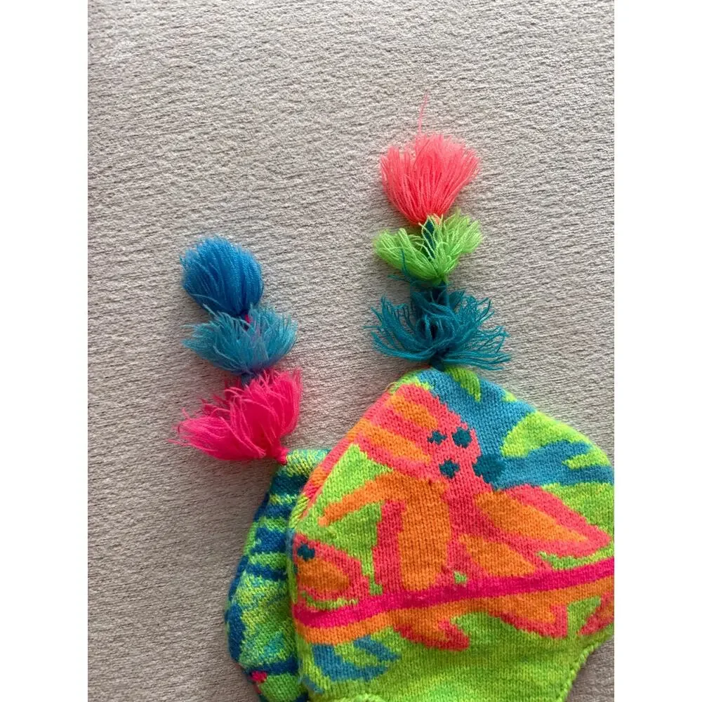 VTG 80s Obermeyer Kids Trapper Hat Beanies Neon Earflap Hat Tassle Preschool (2)